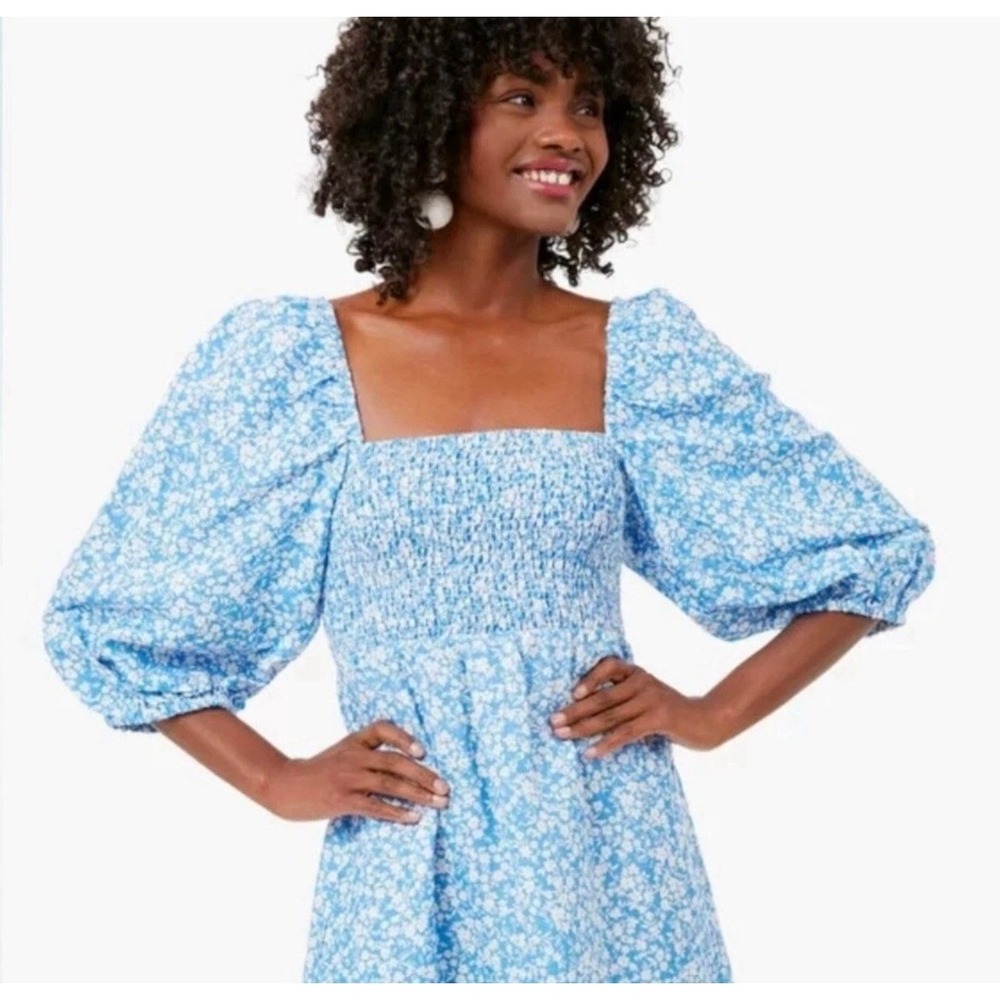 Tuckernuck Blue White Floral Smocked Puff Sleeve Mini Dress Square Neck